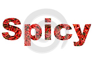 Ã¢â¬ÅSpicyÃ¢â¬Â word filled with red hot chili peppers isolated